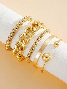 6pcs/Set Fashionable Retro Punk Style Lightweight Beaded Bracelet, Chain Bracelet, Elastic Disc Bracelet Set, Suitable For Women's Daily, Party, Date, Vacation, Layering, Holiday Gift - Yellow Gold - View 2