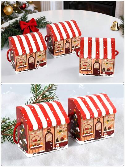 10pcs/1pc Christmas House Handheld Gift Box, Creative 3D House Shaped Christmas Gift Packaging Box, Wavy Red And White Striped Snow-Covered Awning Roof, Front Window Wreath Snowman, Side Christmas Tree Colorful Balls, Christmas Eve Party Favor Empty Box With Red Rope Handle, Portable Apple Storage Box, Holiday Party Gift Distribution Box, Candy, Chocolate, Christmas Apple, Handmade Small Accessories, Aromatherapy Sample Storage Packaging, Suitable For Christmas Home Scene Decoration, Christmas Home Decor, Christmas Party Favor, Christmas Eve Small Gift Packaging