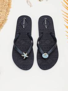 Evertop Surf Summer Ocean Style Oil Drop Shell & Starfish Decor Chain Square Toe Flat Slides AB Version Asymmetric Sandals Soft Sole Beach Vacation Bohemian Casual Street Style Original Design - Royal Blue - View 2