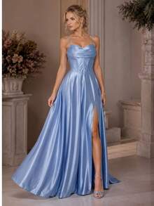 Bridesmaid Dress For Parties, Graduations, And Guests, Princess Style, Satin With A Braided Back. - 藍色寧靜 - 查看 1