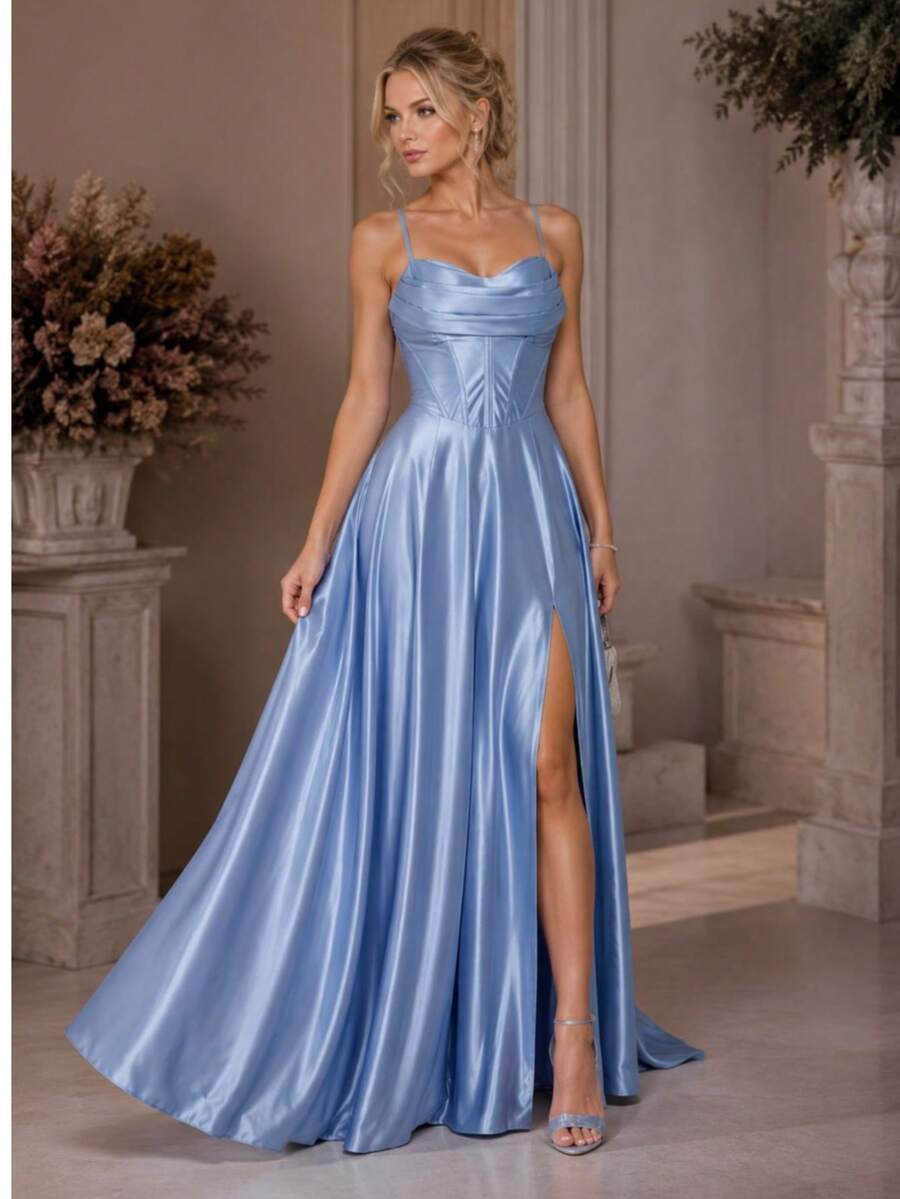 Bridesmaid Dress For Parties, Graduations, And Guests, Princess Style, Satin With A Braided Back. - 藍色寧靜 - 查看 1