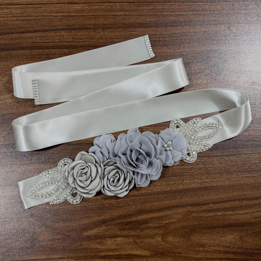 1件浪漫布藝花朵手工水鑽新娘腰帶 婚紗裝飾 孕婦攝影配件 - Sliver - 查看 1