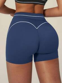 TimeOff Women's 1pc Colorblock White Stripe High Waist Tummy Control Sports Shorts - Navy Blue - View 3