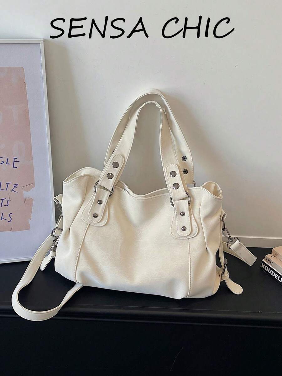Fashionable White Women's Handbag, Large Capacity, Top Handle, Detachable Shoulder Strap, Rivet Design. Suitable For Office Workers, Teachers, Students, Young Women And Moms For Commuting, Shopping, Daily Outings, Weekend Trips And Short Travels. - Beige - View 1