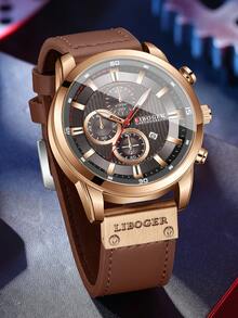 Men's PU Strap Quartz Wristwatch, Classic Three-Dial Digital Scale Calendar Dial, Classic Fashion Sports Watch, Gift For Boyfriend (1pc/Set) Watch Box Not Included - Brown - View 6