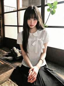 White Short Sleeve Blouse Women Summer Bow Tie Slim Fit Sweet Top - White - View 1