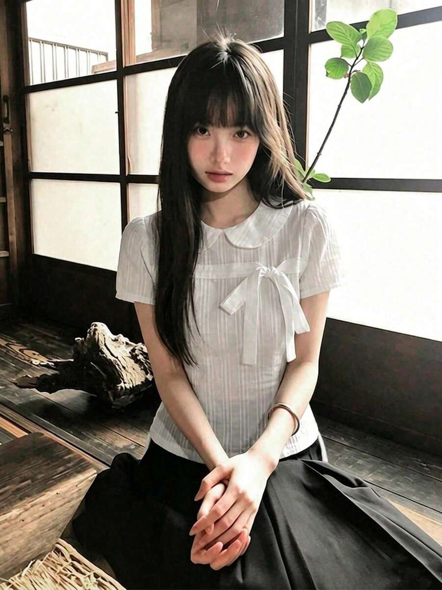White Short Sleeve Blouse Women Summer Bow Tie Slim Fit Sweet Top - White - View 1