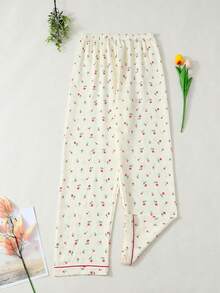 Women's Floral Print Pajama Set, Long Sleeve & Pants, Casual Spring & Fall Sleepwear, Comfortable Woven Fabric, Fashion Home Wear - 紅色 - 查看 6