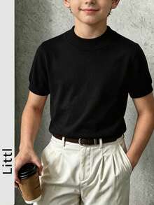 Boys' Solid Color Mock Neck Slim Fit Knit Short Sleeve T-Shirt - Black - View 1