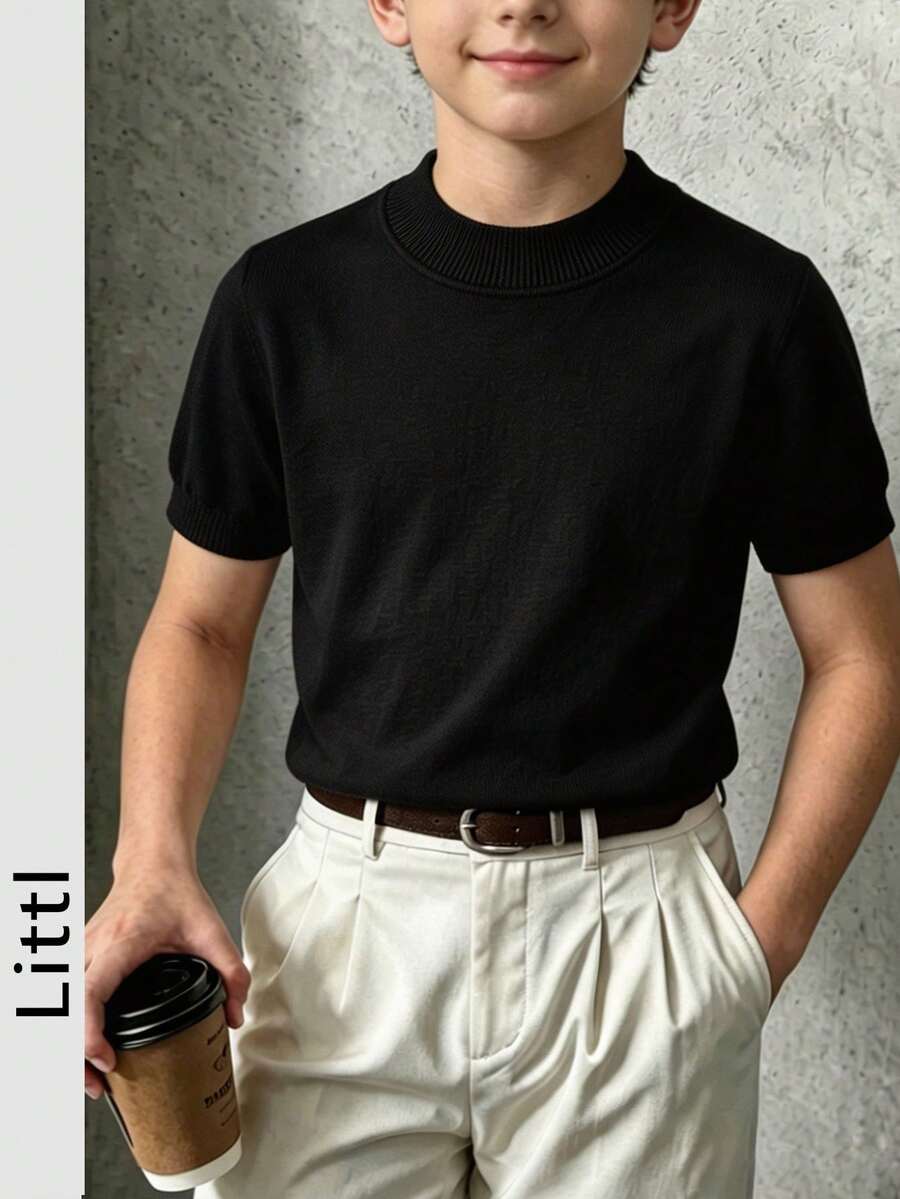Boys' Solid Color Mock Neck Slim Fit Knit Short Sleeve T-Shirt - Black - View 1