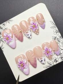 1 Set 10pcs Y2K Hot Girl Style Press-On Nails, Almond Shaped Handmade Wearable Nails, Nude, Purple, White Nail Tips With French, Carved, Drip Glue Wave, Polka Dot, Lace, Steel Bead Design, Glossy Nail Tips For Women And Girls, Suitable For Party, Dance, Daily Wear, Includes Tool Kit. (Note: Accessory Color Random) - Multicolor - View 1