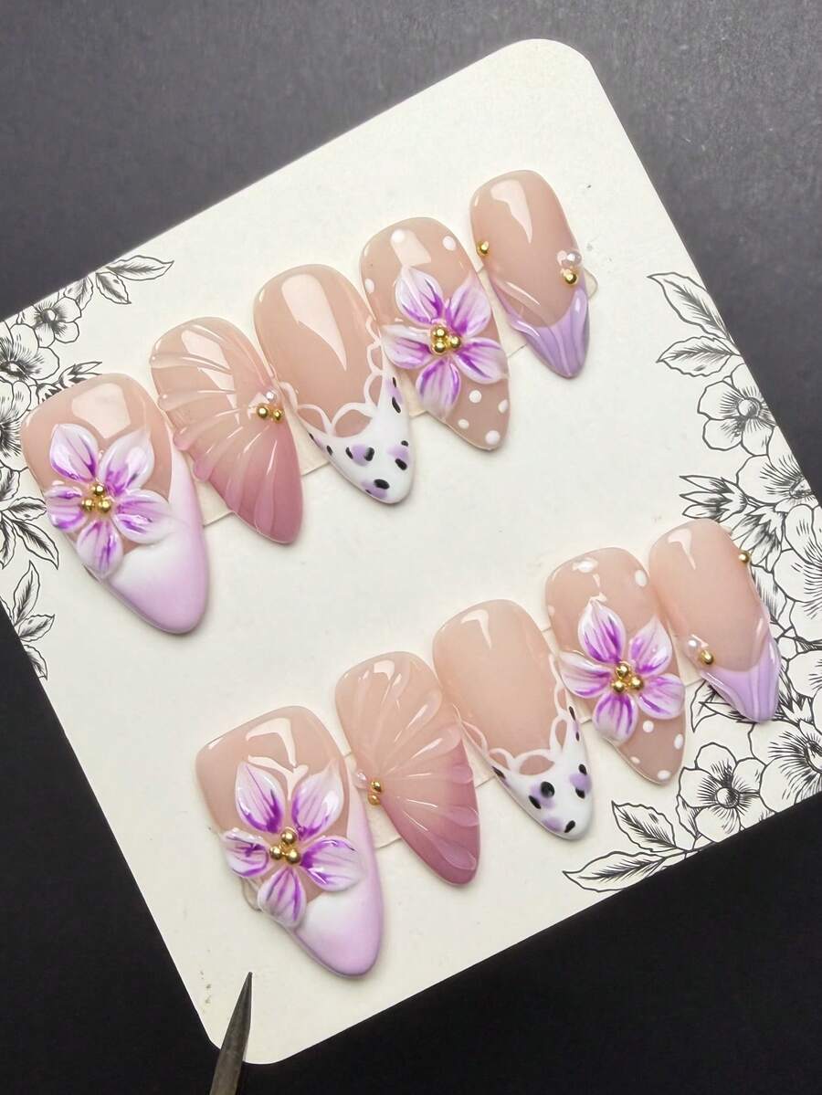 1 Set 10pcs Y2K Hot Girl Style Press-On Nails, Almond Shaped Handmade Wearable Nails, Nude, Purple, White Nail Tips With French, Carved, Drip Glue Wave, Polka Dot, Lace, Steel Bead Design, Glossy Nail Tips For Women And Girls, Suitable For Party, Dance, Daily Wear, Includes Tool Kit. (Note: Accessory Color Random) - Multicolor - View 1