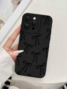 1pc 2D Printed Bow Pattern Phone Case, Matte Black Frosted Anti-Fingerprint TPU Soft Shell, Raised Full Camera Protection, Shockproof, Anti-Drop, Dustproof, Waterproof, Classic Minimalist Premium Style, Atmospheric, Ins Style, Vintage, Suitable As Gift For Friends, Family, Couples, Birthday, Holiday - Black - View 4