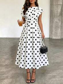 ChicMe Women Polka Dot Skew Neck Midi A Line Dress Retro Pleated Waist Pocket Sundress Elegant Date Party Wear - White - View 9