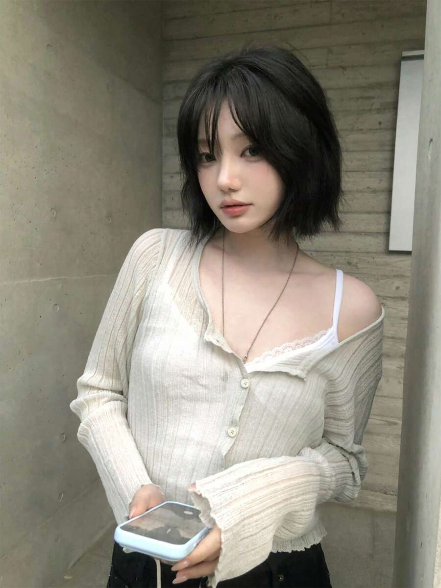 秋冬韓系百搭亞麻針織開襟衫 薄款羅紋素色防曬長袖上衣 女款 - 綠色 - 查看 1