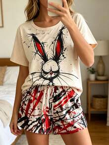 2-Piece Set Cool Short Sleeve Outfit, Ink Wash Graffiti Rabbit Print, Women's Pajama Set, 2-Piece Casual Crew Neck Pullover Top And Shorts, Suitable For All Seasons, Home Wear, Comfortable And Loose - Multicolor - View 7