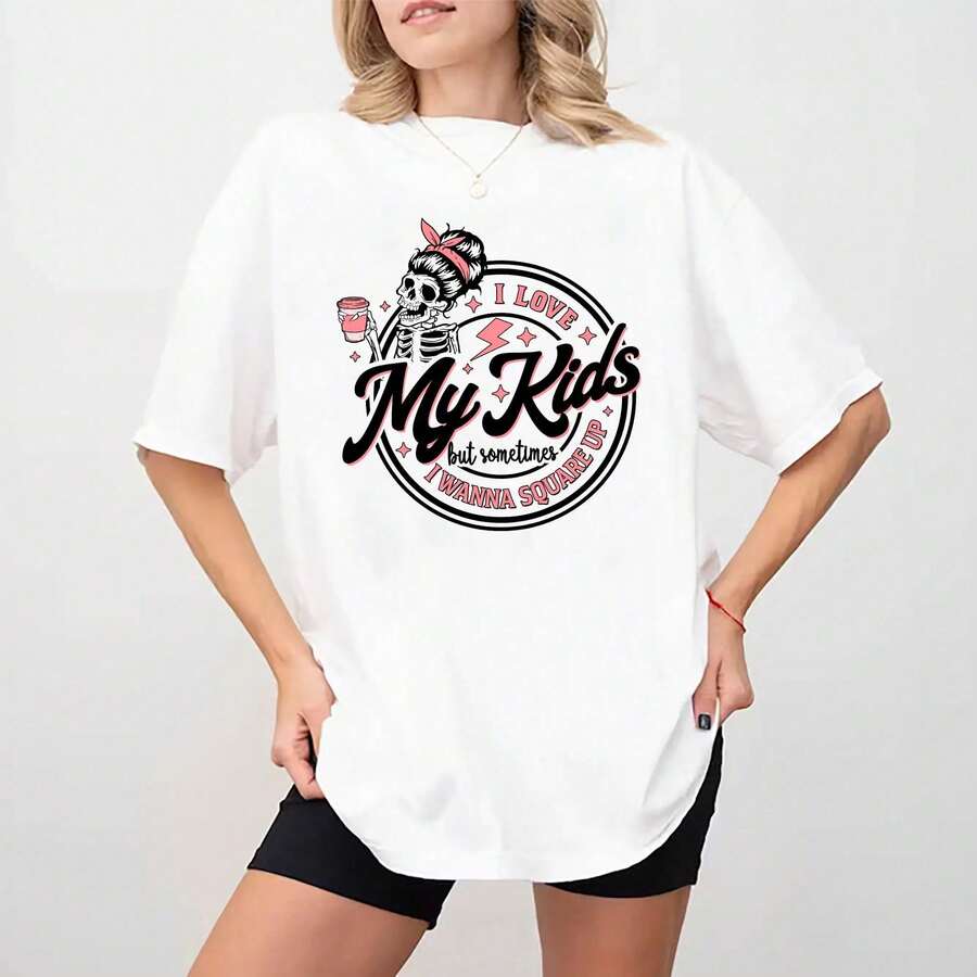 Amo i miei figli.,Ma a volte ho voglia di affrontare mia madre. T Camicia,Stampa con Motivo "Mamma Divertente" T Camicia,Stile casual,Un regalo per la mamma,Cotone da donna T Camic - Bianco - Visualizzare 1