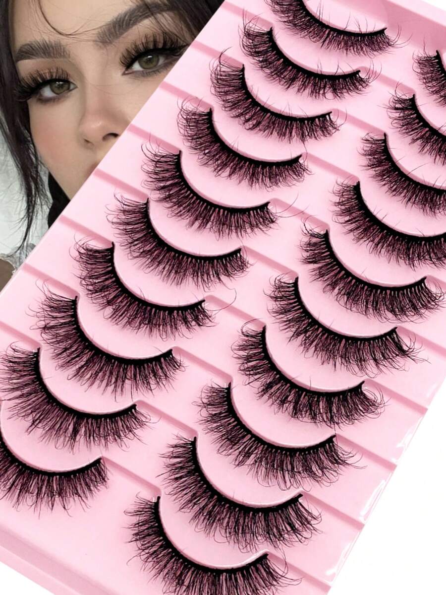 10 Packs D Curl Wispy Fluffy Russian 3D Faux Mink Lashes, Soft Thick Black Band Natural Daily Eyelashes - 白色 - 查看 1