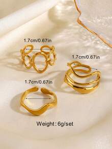 3 pièces Ensemble de bagues en acier inoxydable minimaliste géométrique ovale à ligne, convient pour le port quotidien et les fêtes des femmes - Multicolore - Voir 2