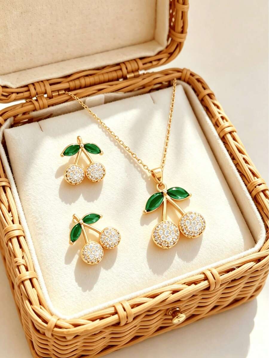 1套不鏽鋼鏈條鋯石櫻桃吊墜時尚項鍊與耳環珠寶,禮品飾品 - 綠櫻桃-均碼 - 查看 1