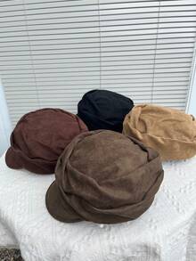 1pc Women's Autumn/Winter Brushed Brushed Slimming Equestrian Cap, Versatile Pleated Flat Top Duck Bill Hat, - Solid Color Dumpling Equestrian Hat - View 8