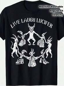 Camiseta Gótica Oculta para Hombre - Diseño de Baphomet y Pentagrama Demoníaco de Heavy Metal con Lema "Live Laugh " - Tela Elástica, Corte Regular (T - Negro - Ver 1