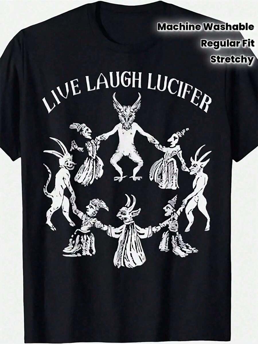 Camiseta Gótica Oculta para Hombre - Diseño de Baphomet y Pentagrama Demoníaco de Heavy Metal con Lema "Live Laugh " - Tela Elástica, Corte Regular (T - Negro - Ver 1