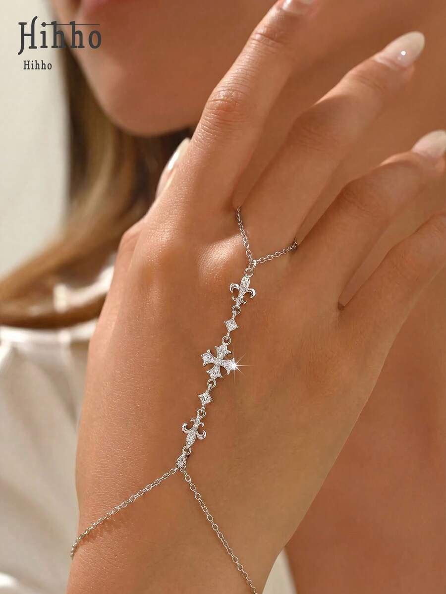 Hihho 1pc Minimalist Cross-Shaped Full Zirconia Inlaid Ring Bracelet, Suitable For Women's Daily Wear Accessory - Cross - View 1