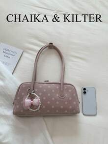 CHAIKA & KILTER 1 buah Tas Bahu Bowling Fashion Wanita Bahan PU Warna Solid dengan Jahitan Quilted Kontras Polka Dot di Seluruh Permukaan, Desain Pegangan Ganda, Penutup Resleting, Cocok untuk Penggunaan Sehari-hari dan Jalanan (Dijual dengan Liontin) - Berwarna merah muda - View 4