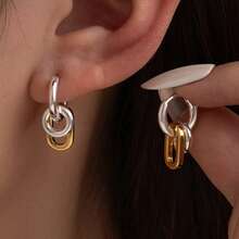 2PCS New Gold And Silver Color Blocked Circle Pendant Ear Buckle, Light Luxury And Simple Daily Earrings, Geometric Multi-Layer Earrings - Multicolor - View 2