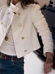 ZAHM White Short Double-Breasted Gold Button Blazer - Apricot - View 9