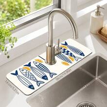 1pc Fish Pattern Anti-Slip Diatom Mud Faucet Drain Pad, Quick-Dry Absorbent Sink Splash Guard, Rubber Base, Suitable For Kitchen/Bathroom Faucet - Multicolor - View 8