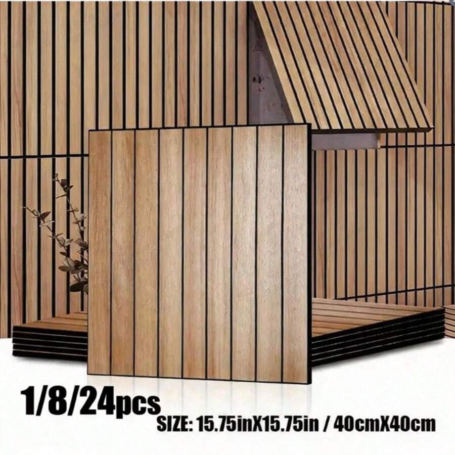 1/8/24片裝裝飾吸音牆板 3D聲學木條自黏壁紙，黑色與中灰色可撕貼木質牆面飾板，可移除乙烯基貼膜，適用於臥室、酒吧、櫥櫃、天花板、玄關、電視背景牆