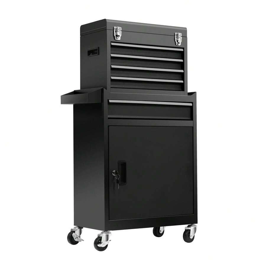 2-In-1 Tool Cabinet, Tool Cart, Roll Cabinet, Steel, With Handle, DIY Drawer, Lockable, Casters, Black, Slide Rails, 360-Degree Swivel Casters, Side Tray Included - A - View 1
