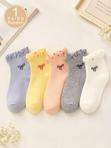 1/5 Pairs Women's Random Bowknot Polka Dot Solid Color Minimalist Fashion Low-Cut Short Socks, Soft Comfortable Breathable Cute All-Season Versatile Preppy Style Suitable For Daily Wear And Outings - Multicolor - View 6