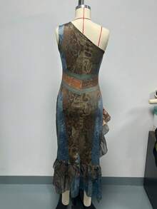 New 2026 Retro Style Dress With Mixed Print, Long Holiday Dress With Irregular Ruffle Hem European Style - أبيض عاجي - مشاهدة 3