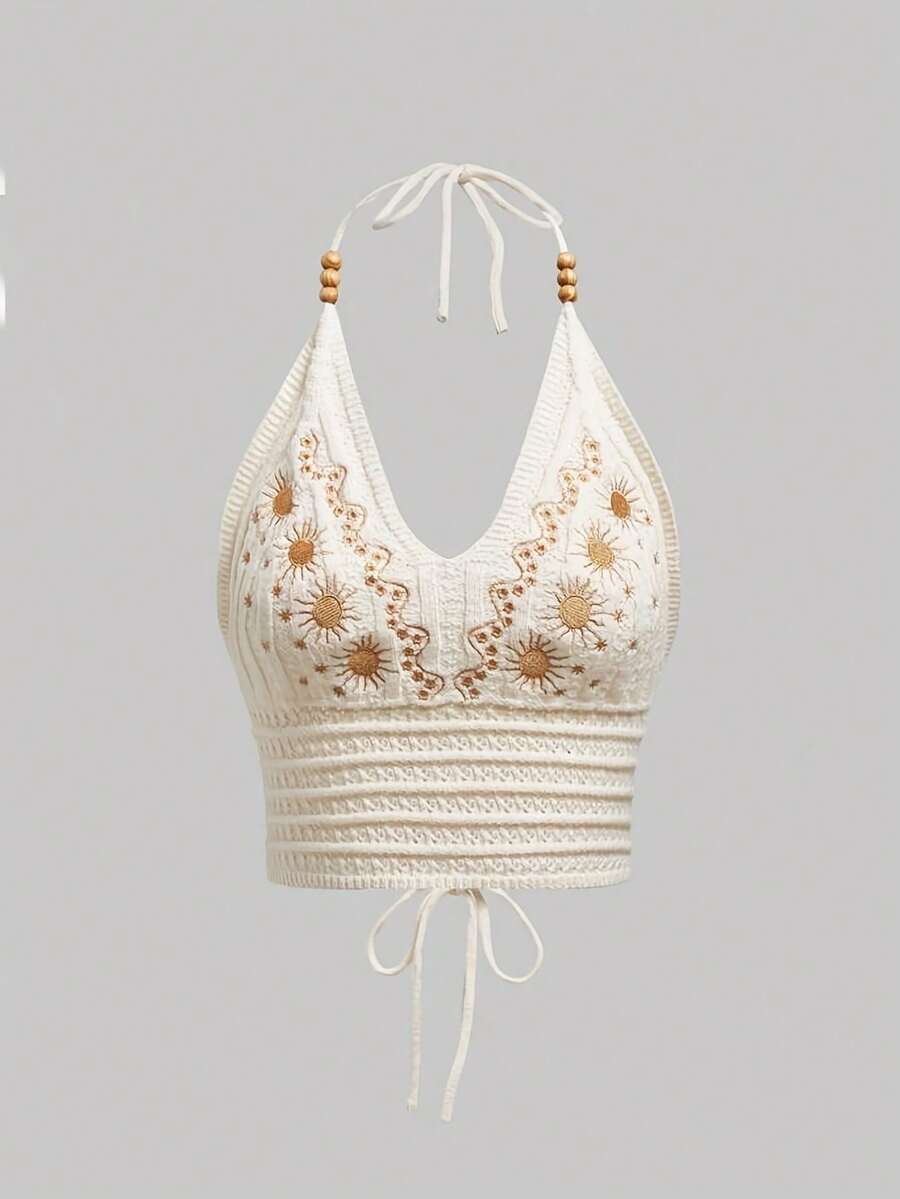 Women's Textured Embroidery Design Halter Neck Top - Off White - View 1
