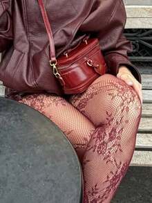 Vintage Floral Wine Red Sexy Fishnet Stockings, Thin Hot Girl Colorful Pantyhose - Burgundy - View 6