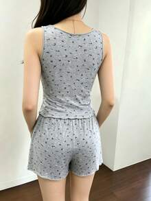 Women's Sleeveless Ditsy Floral Pajama Set With Pockets, Casual & Sweet Home Wear For Spring, Summer, Autumn - Grey - View 4