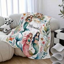 Customized Flannel Blanket, Printed With Exclusive Name, Numbered Mermaid Pattern And Pink Elements, Suitable For Bedroom, Living Room And Travel Scenes - Multi-Functional Practical Blanket - Multicolor - View 7