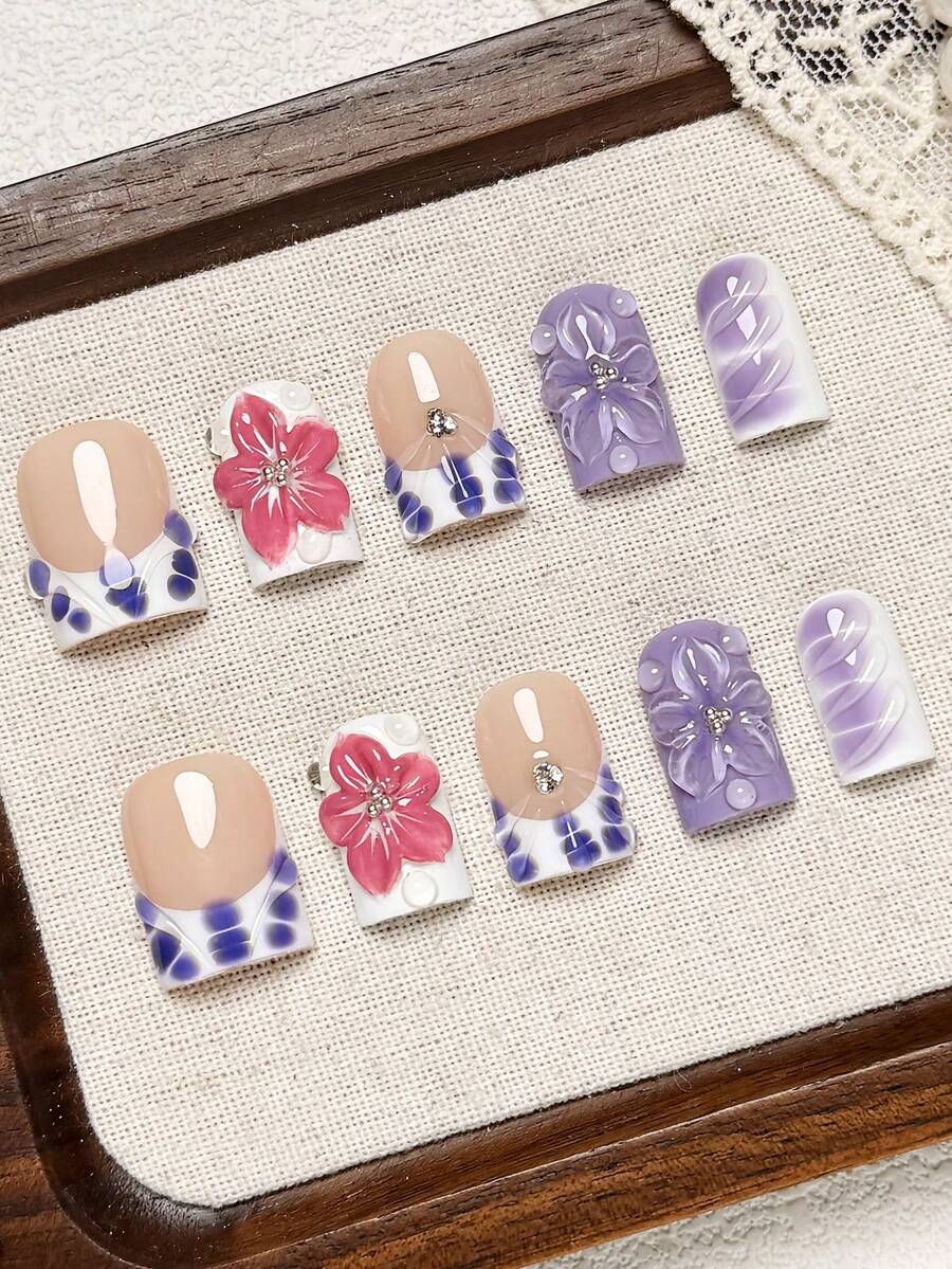 10pcs Handmade Short Square Press On Nails, Nude Purple Color With Bubble French Edge, Two-Tone Gradient, 3D Red & Purple Floral, Wavy Textured Gel-X Nails, And Tiny Silver Rhinestone Pattern Nail Tips. Suitable For Party, Great Gift For Women - Multicolor - View 1
