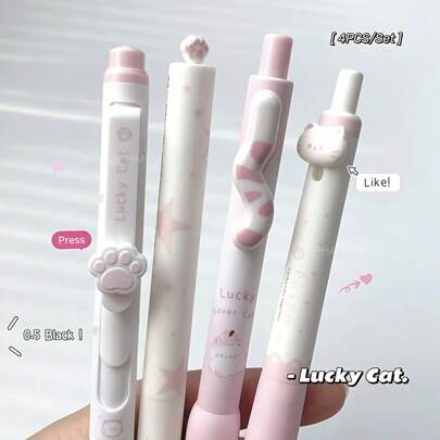 4pcs/Box Lucky Cat Style Neutral Pens 0.5mm Black Ink Creative Cat Tail Cat Paw Writing Pens Office Supplies