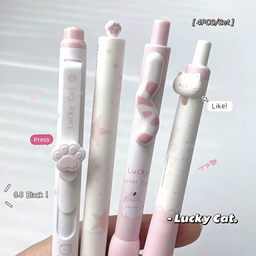4pcs/Box Lucky Cat Style Neutral Pens 0.5mm Black Ink Creative Cat Tail Cat Paw Writing Pens Office Supplies - Different Core Feeding Methods - View 1