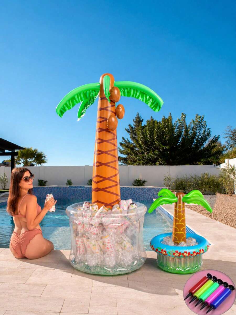 Inflatable Palm Tree Shaped Cooler Box, Beach Theme Decor, Pool Party Decoration, Hawaiian Birthday Party Supplies, Tropical Ocean Jungle Theme Summer Outdoor Beverage Cooler, Pool Inflatable, Beach Essentials, Pool Float - 彩色 - 查看 1