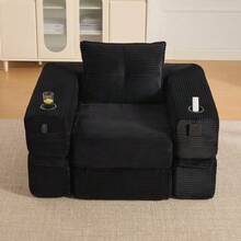 Folding Corduroy Sofa With High-Density Foam And Spring Core For Stable Seating, Side Pocket And Cup Holder, Armrest With Zip, Vacuum Packed, Easy Assembly, For Apartment And Living Room. - 黑色 - 查看 6