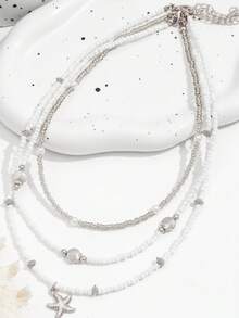 3pcs Bohemian Style Beaded Necklace Set - Starfish + Beads + Combination, Super "Beach" Style Multi-Layered Chain, Can Be Worn Individually Or Layered, Bohemian Style Jewelry For Daily Wear And Vacation, Beach Style Jewelry - Silver - View 2
