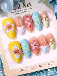 10pcs Medium-Long Almond Shape Summer 3D Gradient Carved Almond Wearable Nails With Polka Dot Floral French Style Fake Nail Stickers, Instantly Enhance Your Appearance, Highlight Personal Simple Elegance, Elegant And Minimalist, Y2K Little Princess Minimalist Sexy Style, Suitable For Women And Girls Daily Use, Also A Delicate Gift For Women And Girls, Press-On Nails Nail Supplies Nails - Multicolor - View 2