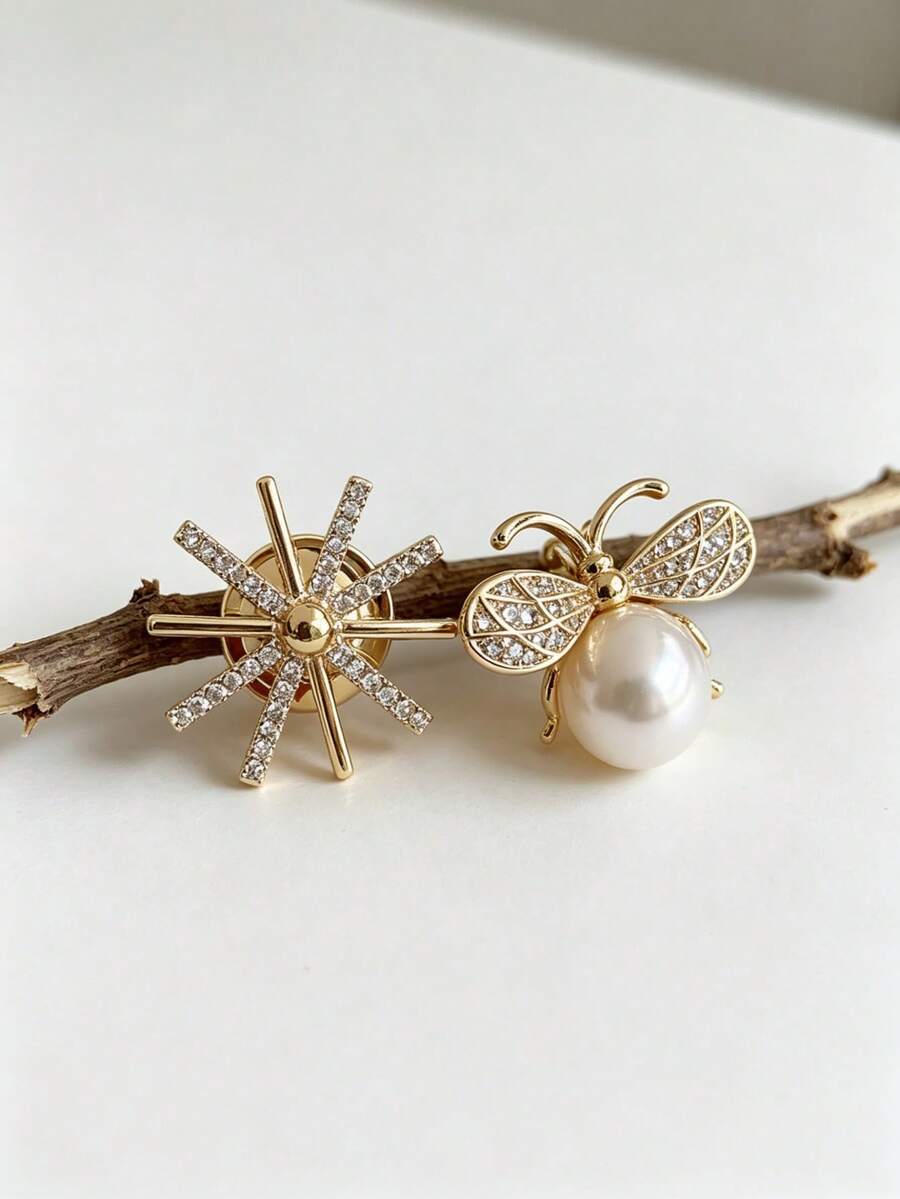 Bee Pearl + Baby's Breath Rhinestone Pair Brooches, Niche Exquisite Anti-Exposure Pin, Versatile Elegant Accessory For Suit And Shirt - Multicolor - View 1