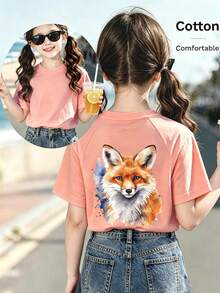 Tween Girl Fox Graphic T-Shirt, Summer Casual Versatile - Orange - View 1