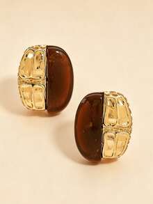1 Pair Exaggerated Vintage Resin Asymmetrical Texture Alloy Spliced Earrings, Women's INS Style Ear Jewelry, Suitable For Parties, Fashion Evening Events, Dates, Daily Wear, Versatile Elegant Earrings - Multicolor - View 3